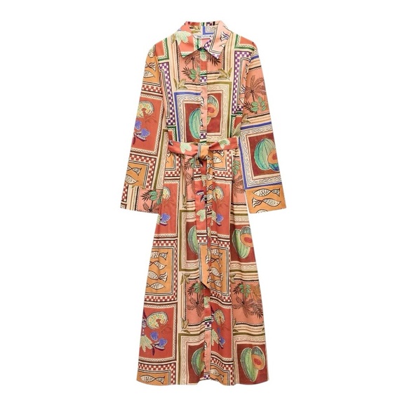 Zara Dresses & Skirts - 🌺 ZARA Printed Shirt Dress Multicolor 100% Cotton Belted Midi Dress Size XL NWT